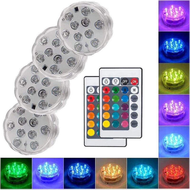 Jardin piscine Lampe submersible à 4 led avec 2télécommande, alimenté par pile, spot lumineux submergé