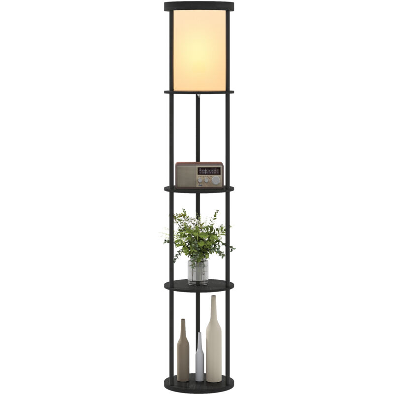 Lampe sur pied avec 3 étagères, design circulaire, télécommande, interrupteur au pied, intensité lumineuse réglable, pour salon, couleur noire