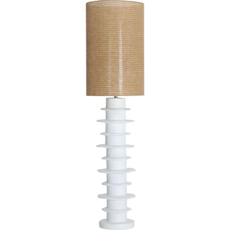 Lampe sur pied en céramique blanche finition mate et raphia brun - Blanc mat et raphia brun