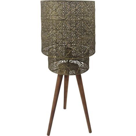 Lampe sur pied métal ajouré et bois finition naturelle bronzée - bronze ajouré et bois naturel