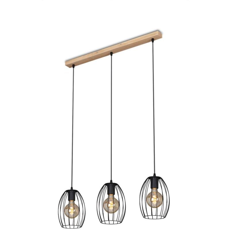 Lampe à suspendre Briloner leuchten waktu, 60 w, IP20, noir, métal-bois, excl. 3x E27, 70 x 17,5 x 109,5 cm