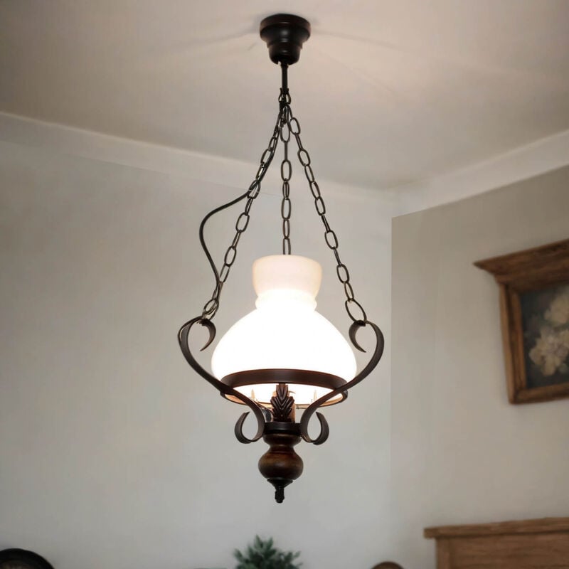 Licht-erlebnisse - Lustre suspension d'intérieur Petronel en verré satiné au design rétro en style campagnard H:38 cm E27 - Noir, marron, blanc