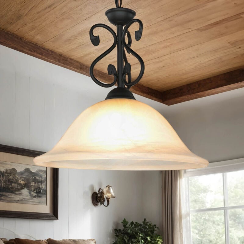 Lustre d'intérieur Dorothea noir et blanc en verre d'albâtre dans le style campagnard E27 - Noir, blanc