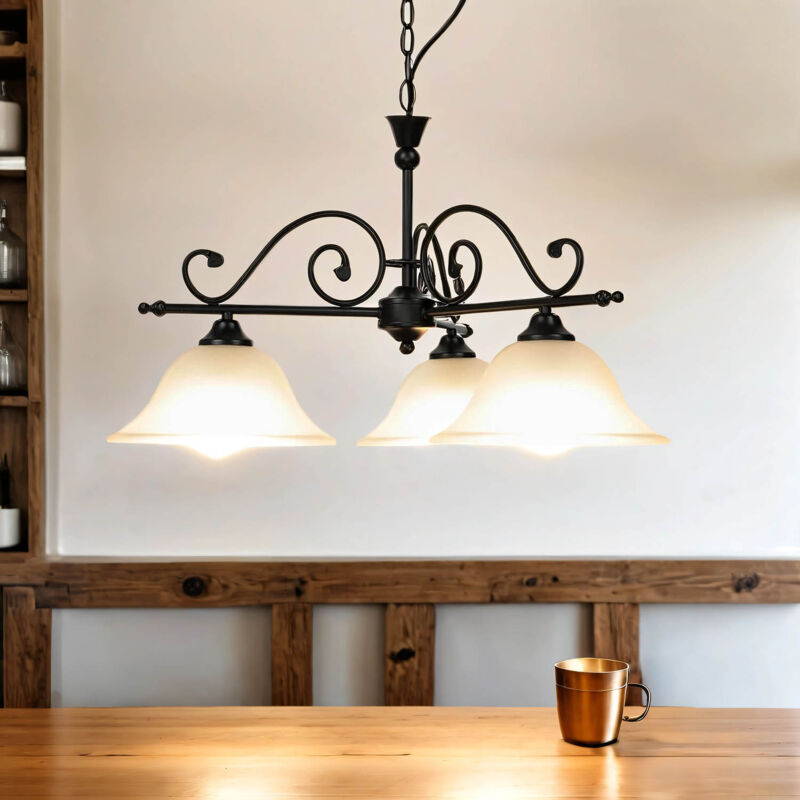 Licht-erlebnisse - Luste suspension d'intérieur Dorothea à 3 lumières au design campagnard en verre d'albâtre - Noir, blanc Licht-erlebnisse - Luste suspension d'intérieur Dorothea à 3 lumières au design campagnard en verre d'albâtre - Noir, blanc