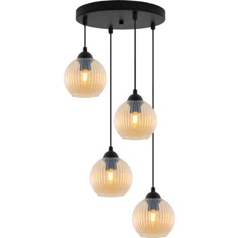 LAMPE SUSPENDU RIFFLE NOIRE 4 ABAT-JOUR PLATS MIEL BOULE E27