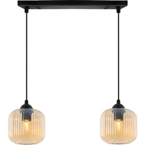LAMPE SUSPENDU RIFFLE NOIRE À 2 ABAT-JOUR PLATS MIEL CYLINDRE E27