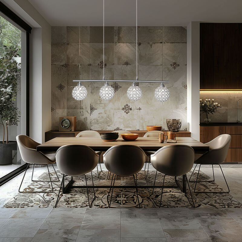 Lampe suspendue 4 flammes, lampe de table à manger, lampe de salon en cristaux, métal nickel mat, cristaux acryliques, 4x G9, LxH 67x127 cm