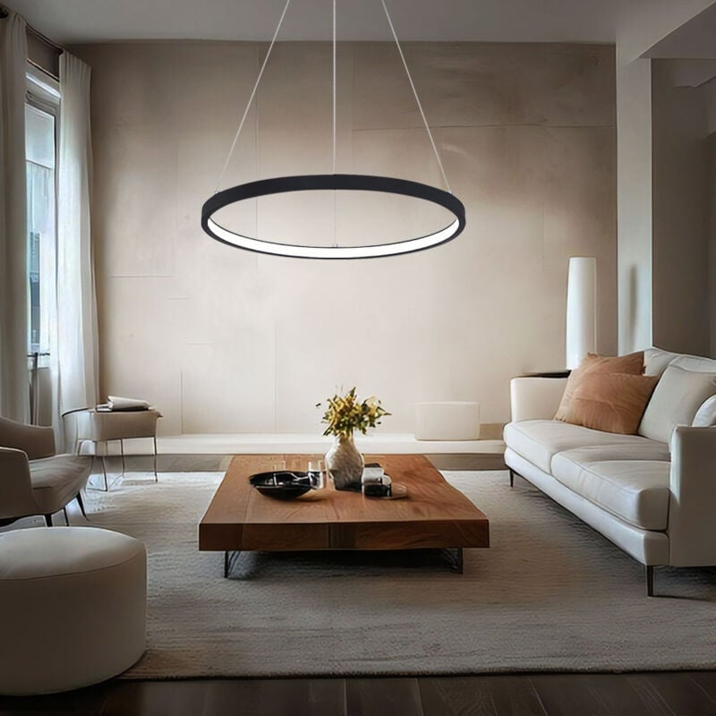 Lampe suspendue anneau rond lampes LED salon suspendu moderne, en métal en opale noir mat, 1x LED 19W 800Lm blanc chaud, DxH 38,5x120 cm