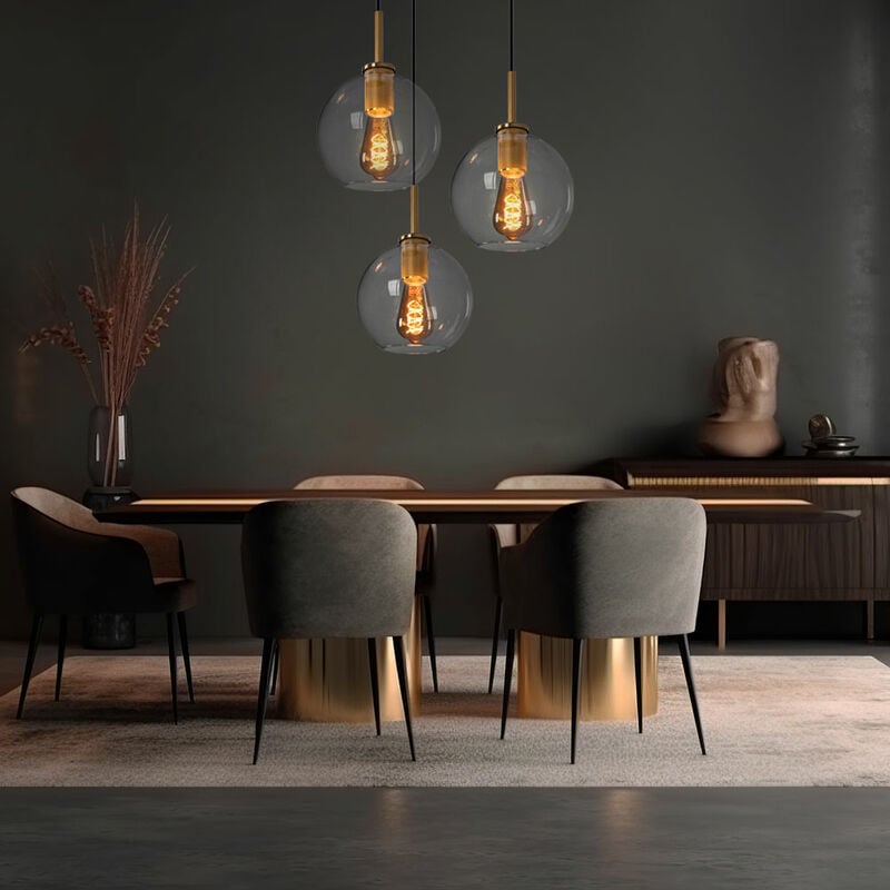 Lampe suspendue boule de verre, table à manger, boule de verre, boules lumineuses suspendues, 3 ampoules, métal laiton clair, 3x douilles E27, DxH