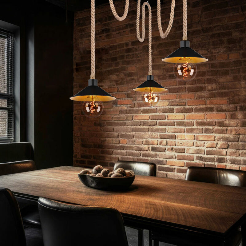 Lampe suspendue corde de chanvre corde lampe suspension or noir style campagnard salle à manger plafonnier réglable, corde de chanvre métal, 3x