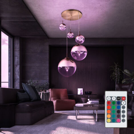 Lampe suspendue dimmable avec télécommande lampe de table à manger 5 flammes LED suspension verre or, 5x 4,8W 5x 470lm blanc chaud, PxH 65 x 120 cm