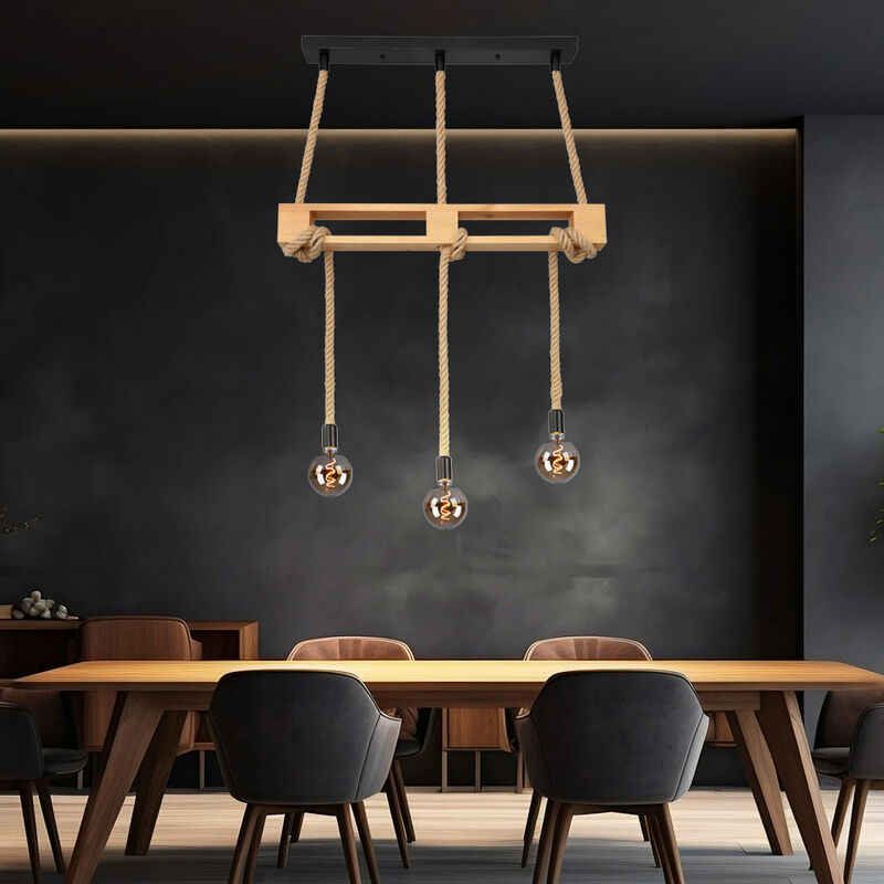 Lampe suspendue en bois, lampe à suspension vintage, lampe de table à manger en bois avec cordes de chanvre, métal noir naturel, 3x E27, LxlxH