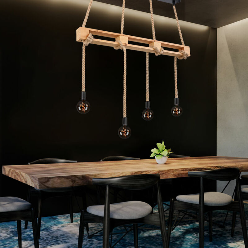 Globo - Lampe suspendue en bois pour salle à manger, faisceau lumineux, lampe suspendue en bois, corde de chanvre, naturel, 4x douilles E27, LxlxH