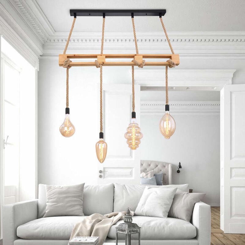 Lampe suspendue en bois pour salle à manger, faisceau lumineux, lampe suspendue en bois, corde de chanvre, naturel, 4x douilles E27, LxlxH