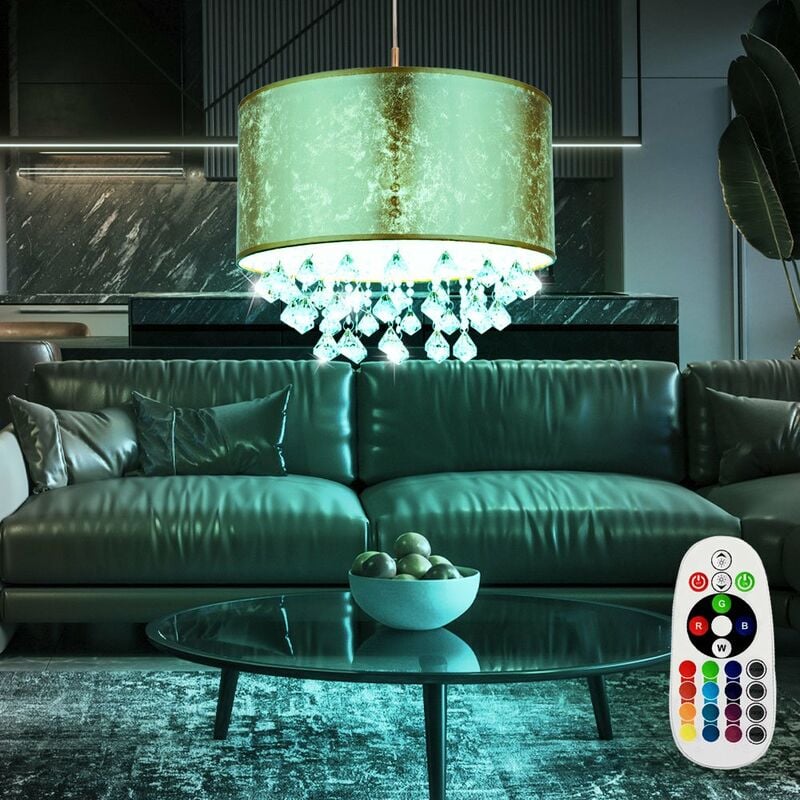 Plafonnier pendule en cristal télécommandé variateur textile dans un ensemble comprenant des ampoules LED RVB