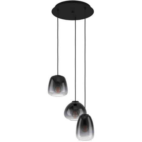 Lampe suspendue en verre Aguilar, noir et gris transparent E27 3x40w H: 110cm Ø43 cm dimmable