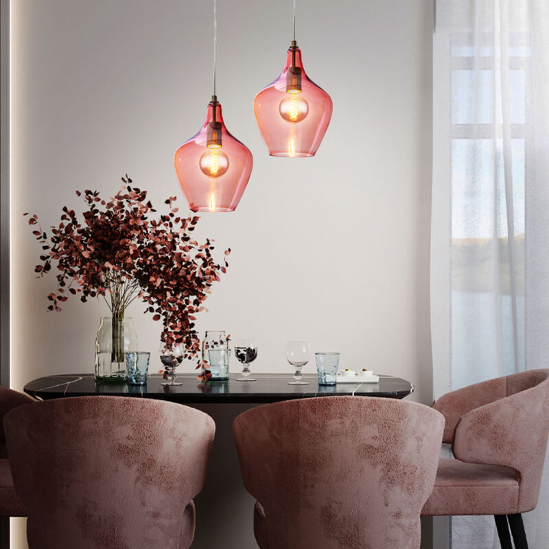 Nowa - Lampe suspendue en verre rose Salle à manger Lampe suspendue rétro Salon Vintage, 1x E27, DxH 20 x 150 cm, lot de 2
