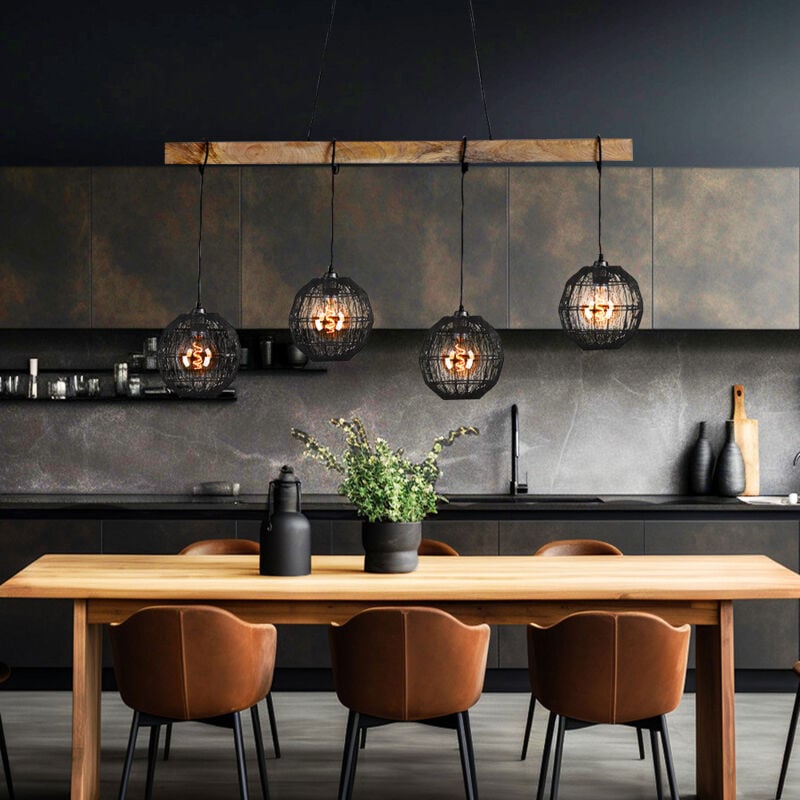 Globo Lighting - Lampe suspendue lampe de salon lampe de table à manger lampe de cuisine, métal noir bois couleur naturelle, réglable en hauteur, 4