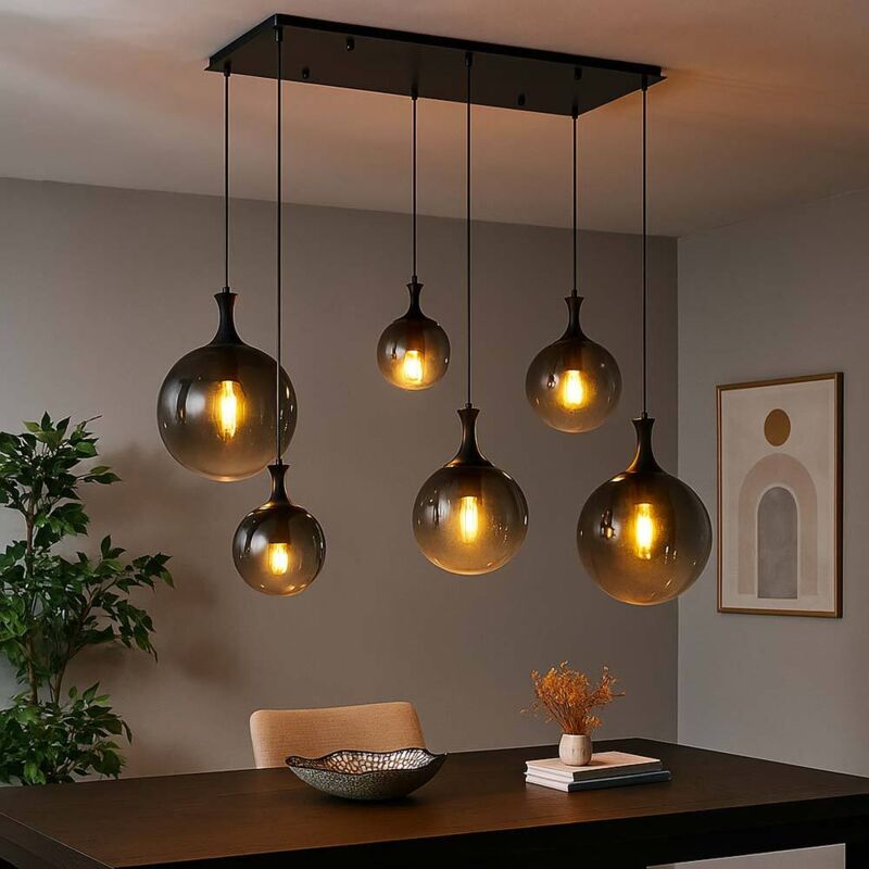 Lampe suspendue lampe de table à manger suspension verre fumé lampe de salon 6 ampoules 141cm Lampe suspendue lampe de table à manger suspension verre fumé lampe de salon 6 ampoules 141cm