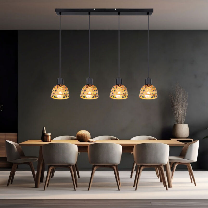 Lampe suspendue lampe suspendue salle à manger en tissage de bambou en bois, 4 flammes, métal noir, 4x douilles E27, LxlxH 72x13x120 cm