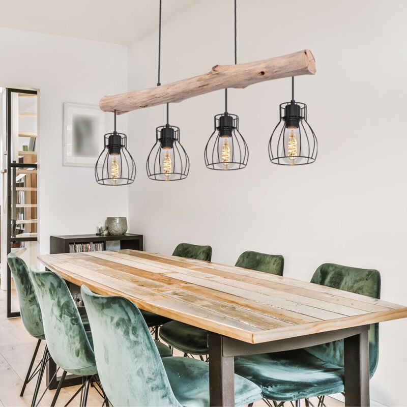 Lampe suspendue led avec poutre en bois, 4 flammes, lampe de table à manger design cage, métal noir, 4x 7W 4x 806lm blanc chaud, LxH 82,5 x 140 cm
