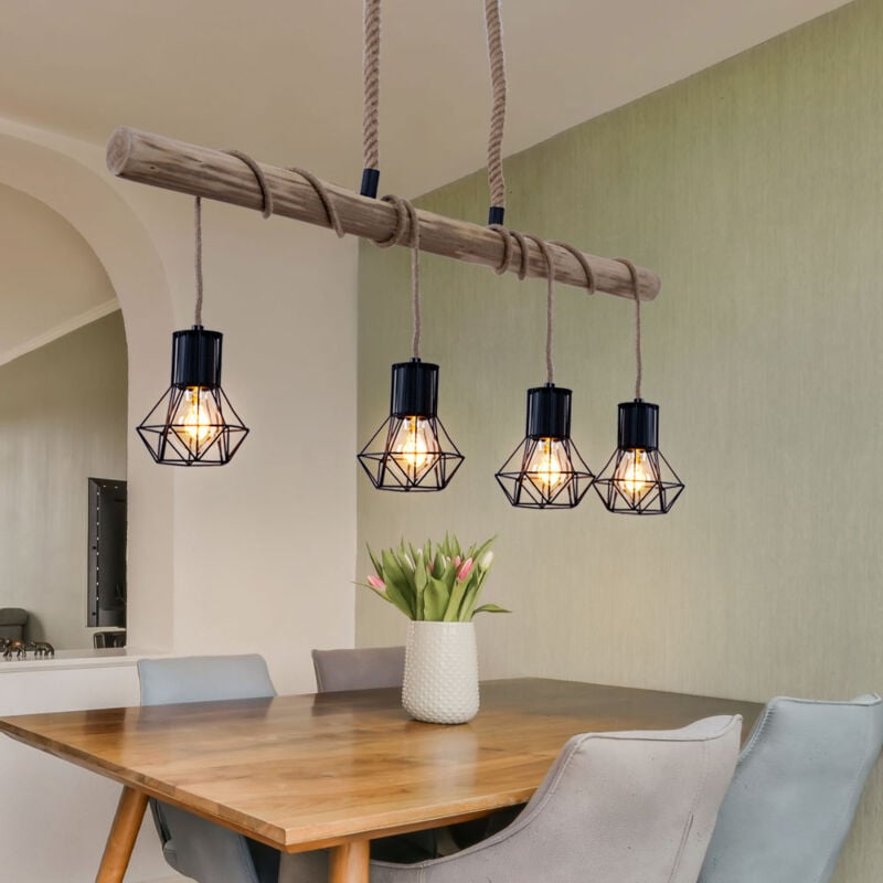 Globo Lighting - Lampe suspendue led poutre en bois naturel suspension cage noir suspension bois, noir, 4x douilles E27, 5W 300Lm 1800K blanc chaud,