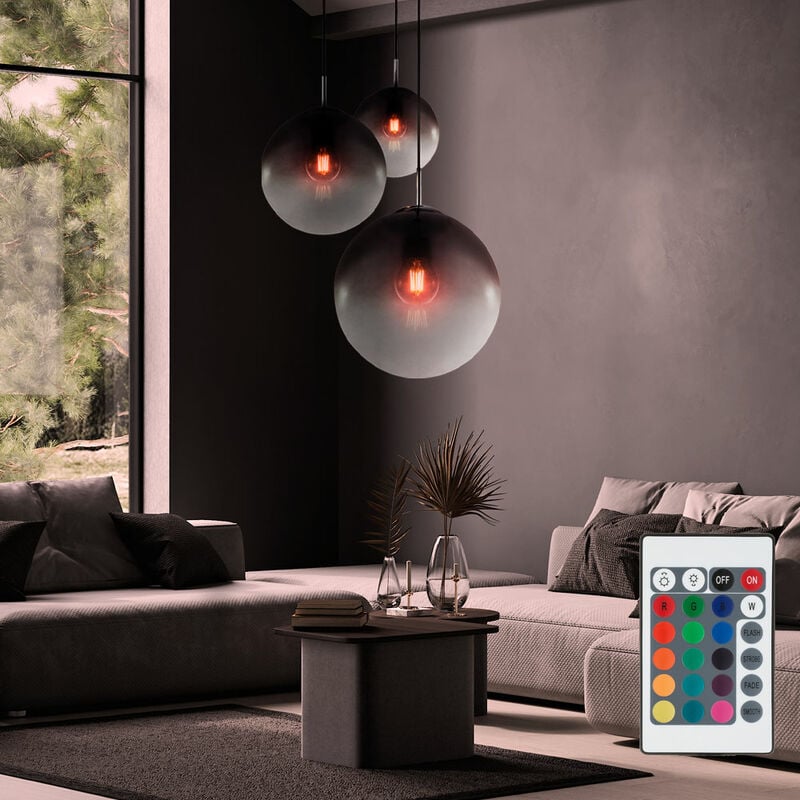 Lampe suspension plafonnier chrome salon télécommande verre dimmable dans un ensemble comprenant des lampes led rvb