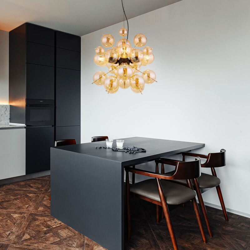 Lampe suspendue luminaire design salle à manger boules lumineuses verre ambre noir 4 lampes