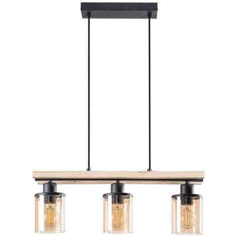 Lampe suspendue niylah métal / bois en verre noir ambre e27 3 x max.25W l: 55 cm b: 19cm h: 120 cm Ø9.5 cm dimmable