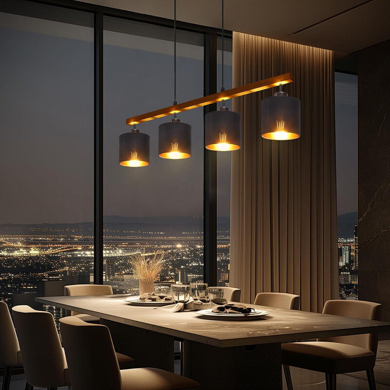 Suspension moderne à 4 ampoules pour table de salle à manger, avec poutres en bois et abat-jour en tissu, métal noir mat, max. 60 w, 4 ampoules E27