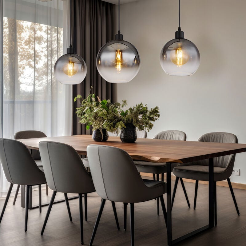 Suspension en verre fumé, 3 lampes, rétro, salle à manger, boules lumineuses en verre, noir, 3x douilles E27, LxlxH 95x25x120 cm