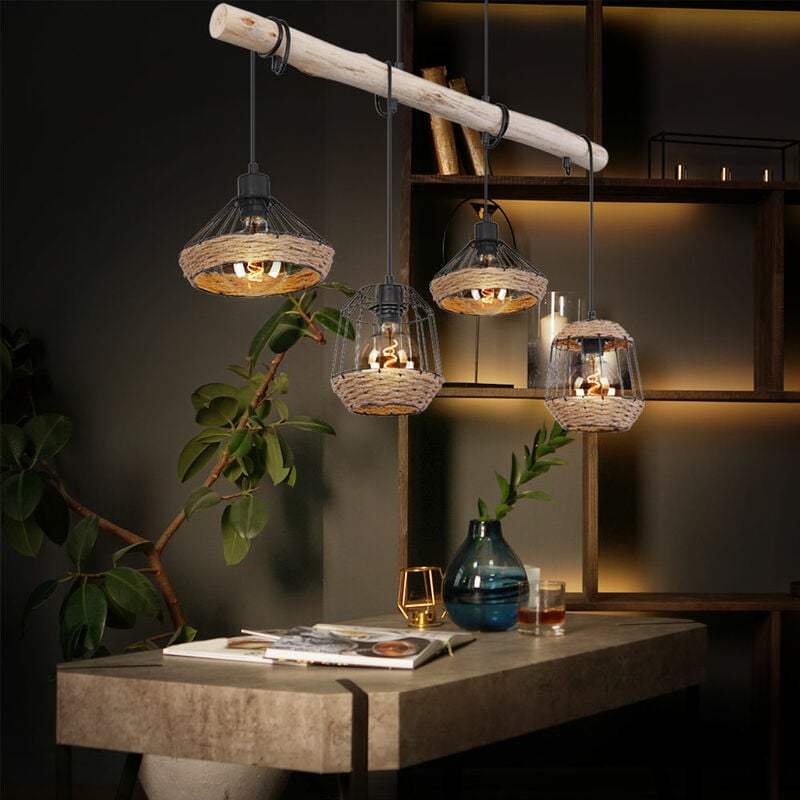 Etc-shop - Lampe suspendue poutre en bois corde de chanvre lampe de salle à manger design cage en bois rétro suspendue 4 ampoules, câble noir, 4x