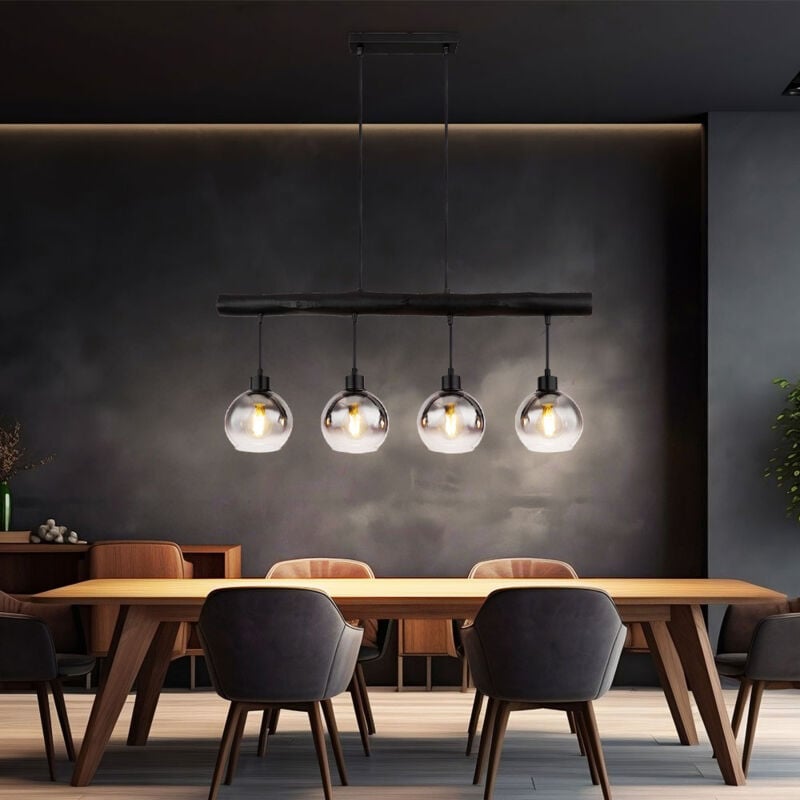 Lampe suspendue poutre en bois lampe suspendue rétro lampe de salle à manger en bois suspension 4 ampoules, noir, verre fumé, 4x E27, LxlxH 85x15x120