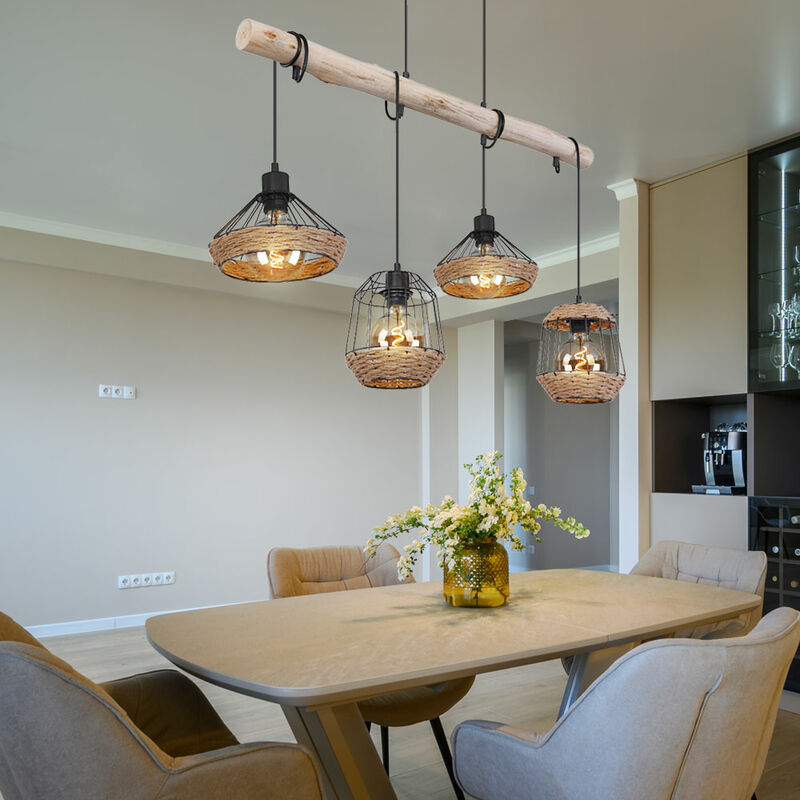 Etc-shop - Lampe suspendue poutres en bois suspension corde de chanvre rétro cage en bois lampe de salle à manger design suspendue 4 flammes, câble