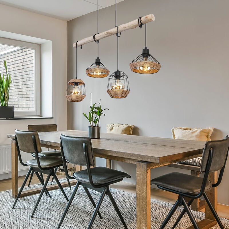Lampe suspendue poutre en bois corde de chanvre lampe de salle à manger design cage en bois rétro suspendue 4 ampoules, câble noir, 4x E27, LxPxH