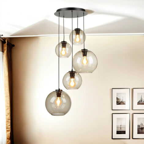 Lampe suspendue rétro Verre Abat-jour 5x E27 Noir Gris