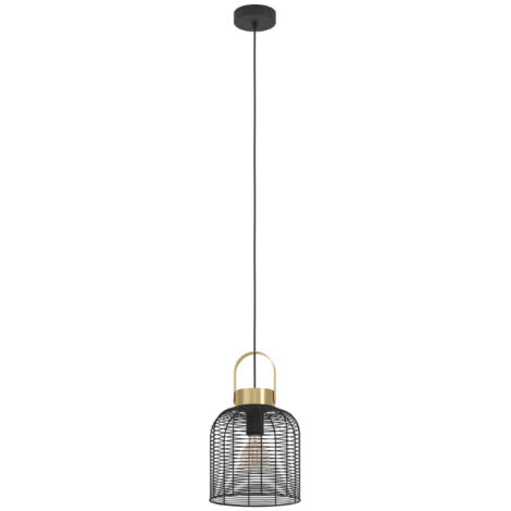 Lampe suspendue Roundham Steel noir, pinceau en laiton E27 1x40w H: 110cm Ø22 cm Dimmable
