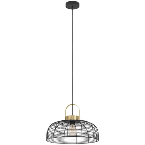 Lampe suspendue Roundham Steel noir, pinceau en laiton E27 1x40w H: 110cm Ø45 cm Dimmable