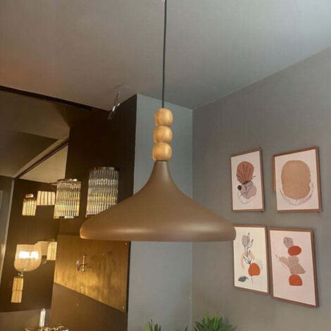 Lampe Suspendue Simple en Coiffe en Bois à Trois Perles Brun – Lustre Vintage E27 Ø35 cm pour Salon, Chambre ou Salle à Manger