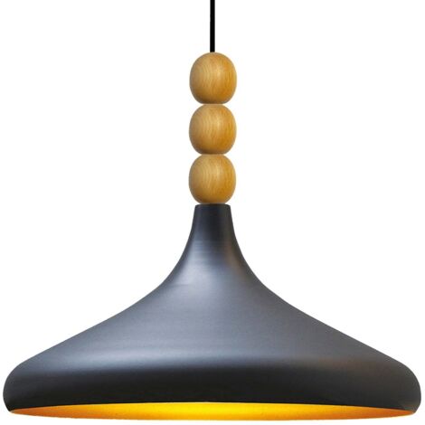 Lampe Suspendue Simple en Coiffe en Bois à Trois Perles Noir – Lustre Vintage E27 Ø35 cm pour Salon, Chambre ou Salle à Manger