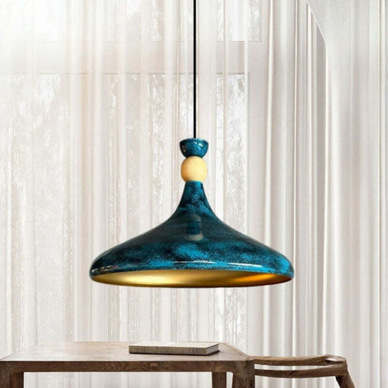 Lampe Suspendue Simple en Forme de Chapeau en Bois Bleu – Lustre Vintage E27 Ø35 cm pour Salon, Chambre ou Salle à Manger
