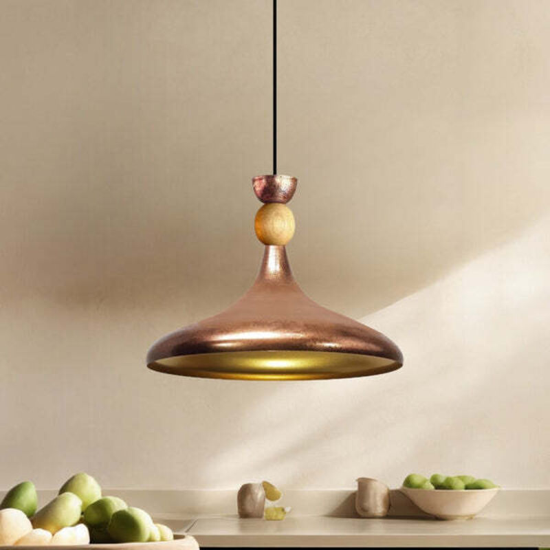 Lampe Suspendue Simple en Forme de Chapeau en Bois Orange – Lustre Vintage E27 Ø35 cm pour Salon, Chambre ou Salle à Manger