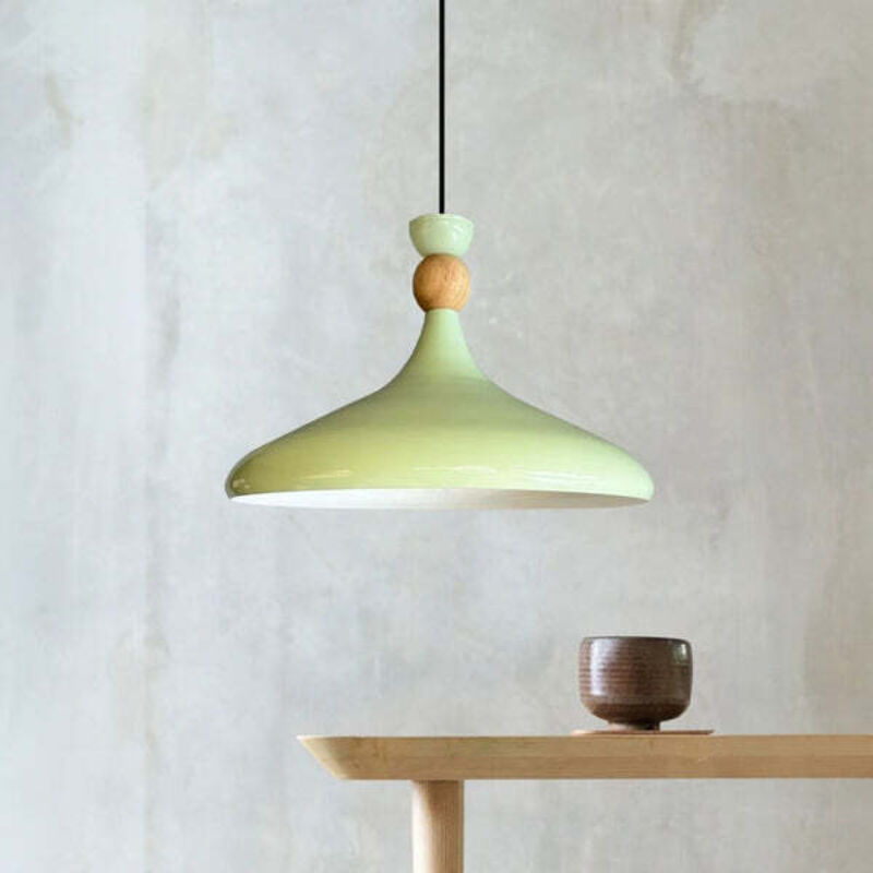 Lampe Suspendue Simple en Forme de Chapeau en Bois Vert – Lustre Vintage E27 Ø35 cm pour Salon, Chambre ou Salle à Manger