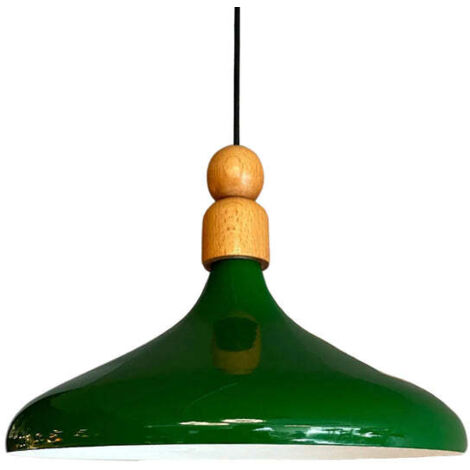 Lampe Suspendue Simple en Tête de Lit en Bois Vert – Lustre Vintage E27 Ø35 cm pour Salon, Chambre ou Salle à Manger