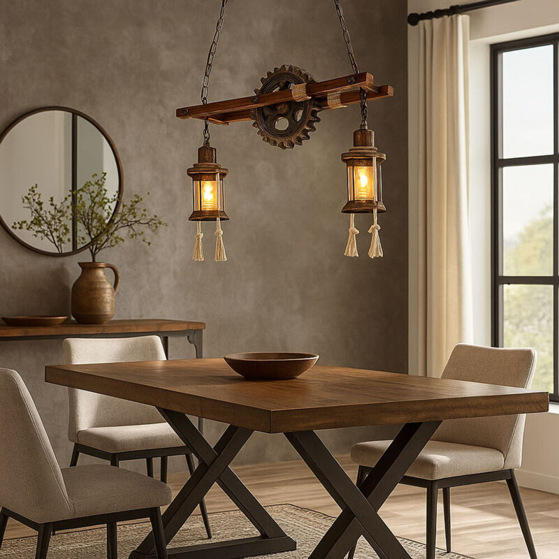 Lampe suspendue Steampunk lampe suspendue industrielle vintage bois métal, lanterne, verre, laiton, 2x E27, LxlxH 62x20x110 cm