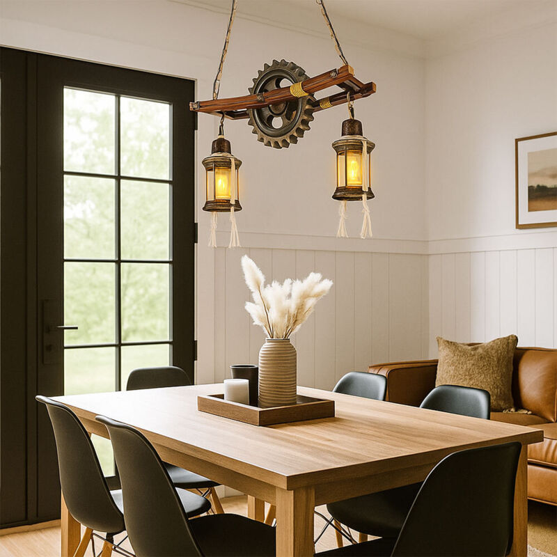 Lampe suspendue Steampunk lampe suspendue industrielle vintage bois métal, lanterne, verre, laiton, 2x E27, LxlxH 62x20x110 cm