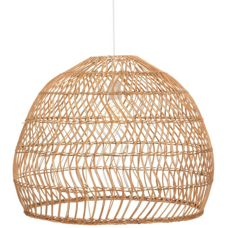 Lampe suspendue, Suspension luminaire en bois de rotin coloris beige et fer blanc - diamètre 58 x Hauteur 47,50 cm Pegane