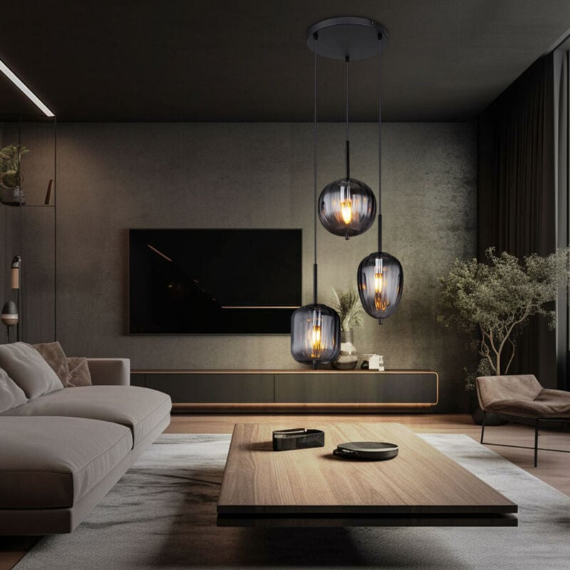 Globo - Lampe suspendue, suspension, plafonnier, luminaire de salon, lampe de salle à manger, métal noir, verre fumé, 3 ampoules E14, h 120 cm