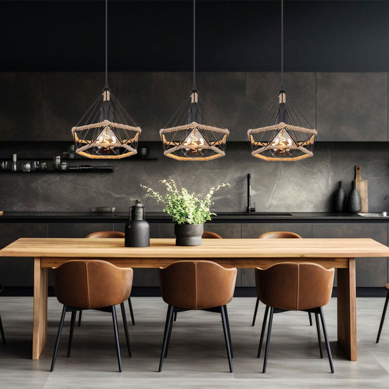 Lampe suspendue suspension plafonnier salon lumière lampe de salle à manger, métal corde de chanvre noir abat-jour grille marron, E27 3 ampoules, l