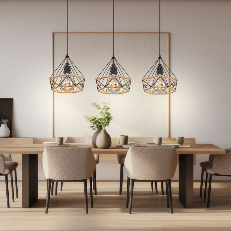 Lampe suspendue suspension plafonnier salon lumière lampe de salle à manger, métal corde de chanvre noir abat-jour grille marron, E27 3 ampoules, l